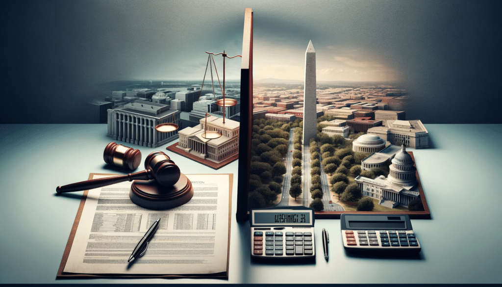 A split image showing a courtroom with a judge's gavel, legal papers, and a calculator on one side, and the serene landmarks of Washington DC to symbolize how much a divorce costs in Washington, DC