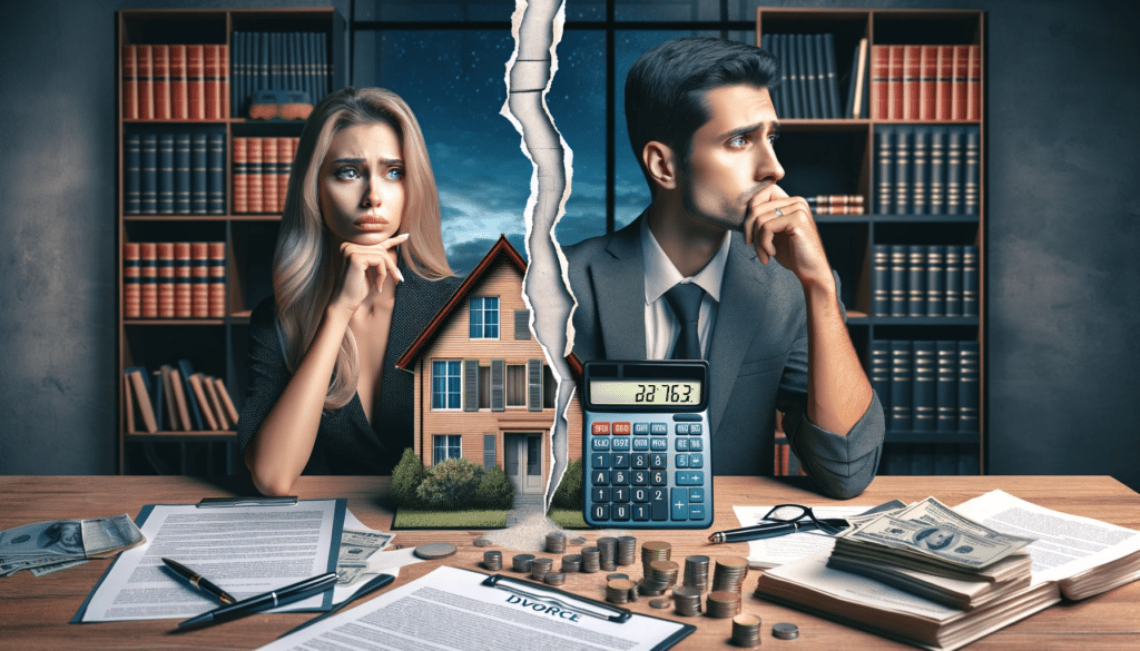 A photorealistic image showing a couple in a lawyer's office, symbolizing the complexities of how much a divorce costs in Rhode Island. The image blends financial elements like a calculator and legal documents with the emotional aspect of a separating couple, set against a backdrop that includes the text 'Rhode Island'.