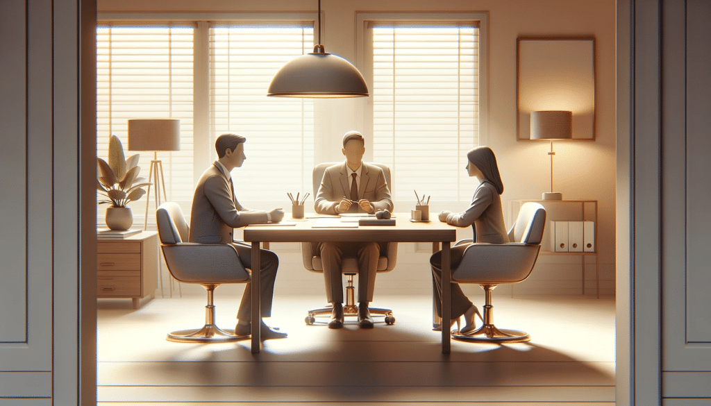 Photorealistic depiction of a divorce mediation session in Washington DC. A mediator is seated at a table, facilitating a discussion between two individuals. The setting is professional and serene, with notepads, pens, and a calm color palette. The image captures the amicable and professional nature of mediation in resolving disputes.