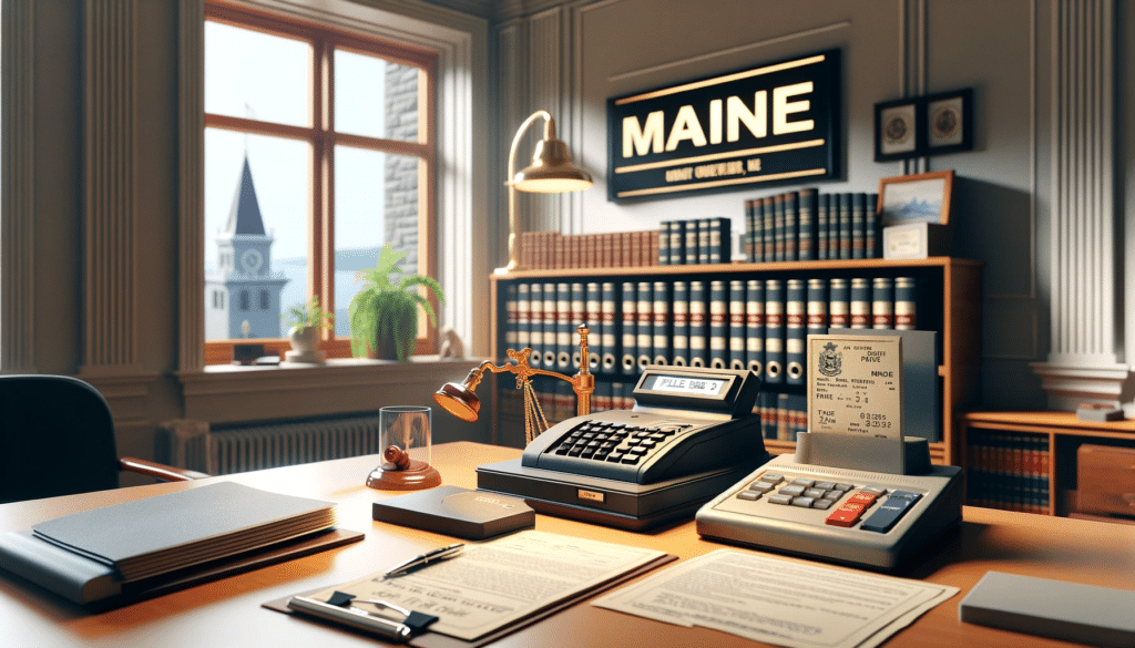 A photorealistic image showing a court clerk's office in Maine. The scene includes a desk with legal documents, a cash register, and indications of the filing process, set in a professional and orderly office environment with file cabinets and official seals, subtly embodying Maine's unique character.