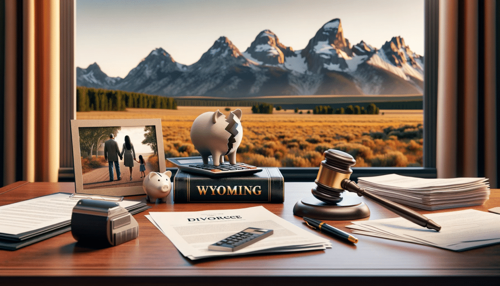 A photorealistic image showing a desk with items symbolizing how musch a divorce costs in Wyoming. There are legal documents, a calculator, a piggy bank, and a torn family photograph, set against a background of Wyoming's mountains and plains.
