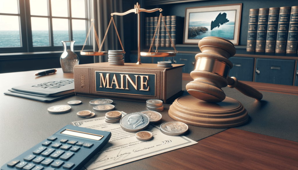A photorealistic image showing a courtroom setting with legal documents and a gavel, alongside coins and calculators, against a backdrop subtly hinting at Maine's landscape, like a coastline or a lighthouse, representing how much a divorce costs in Maine.