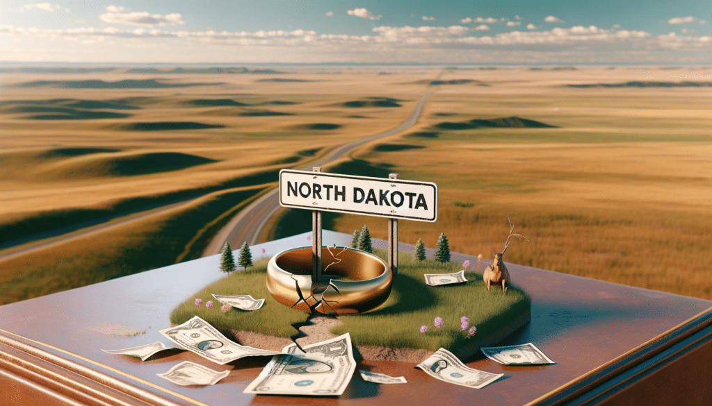 A scenic view of with a broken golden ring and scattered dollar bills, symbolizing how much a divorce costs in North Dakota.
