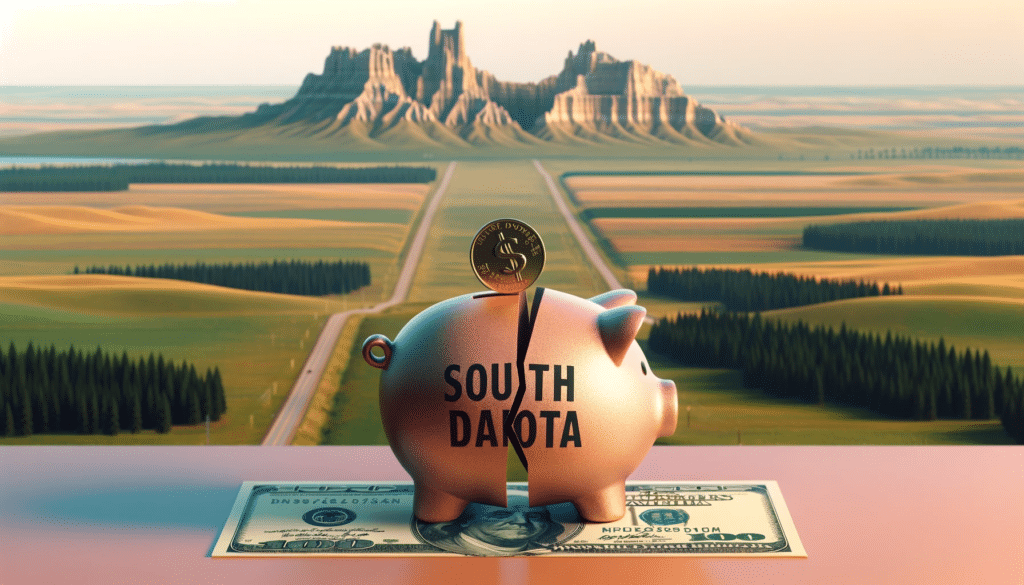 A photorealistic image depicting the financial impact of a divorce, symbolized by divided assets and a split piggy bank, set in a scenic South Dakota background to symbolize how much a divorce costs in South Dakota.