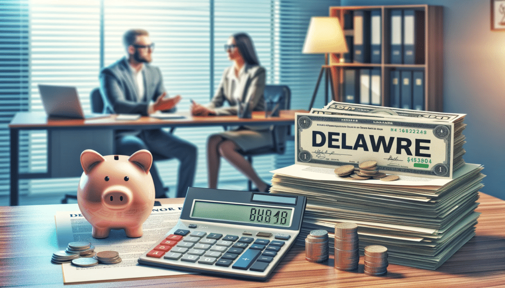 A photo-realistic depiction of how much a divorce costs in Delaware, featuring a calculator, a stack of divorce-related legal documents, a nearly empty piggy bank, and a couple discussing in the background. 