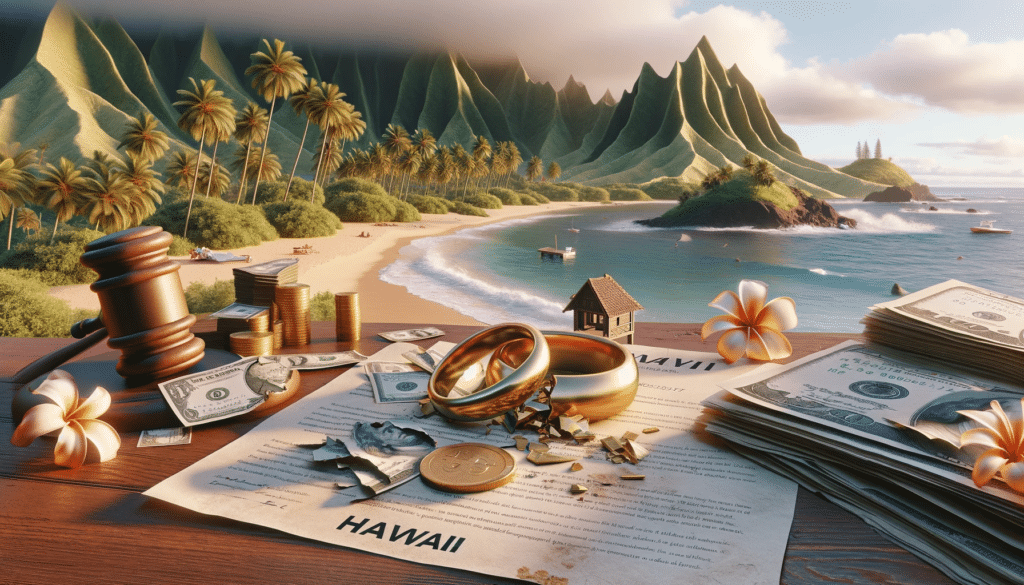 A Hawaiian landscape with a broken golden ring and scattered dollar bills, capturing how much a divorce costs in Hawaii.