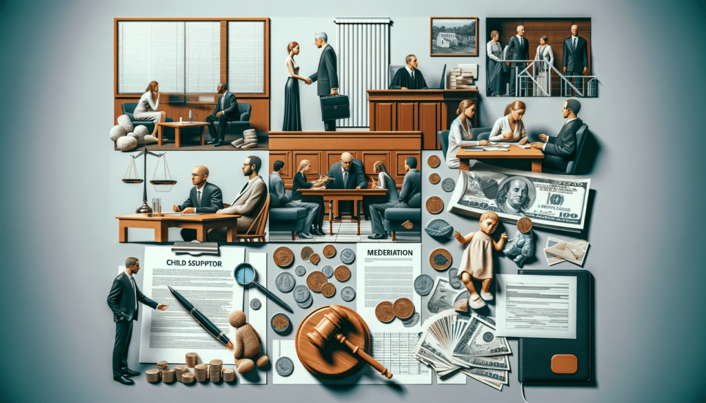 A photorealistic image showing various elements that influence the cost of a divorce in Wyoming, including a courtroom, a mediator's table, a couple discussing with a lawyer, financial documents, and a symbolic representation of child custody. These are arranged in a collage style, highlighting the complex factors like legal fees, mediation costs, and asset division.