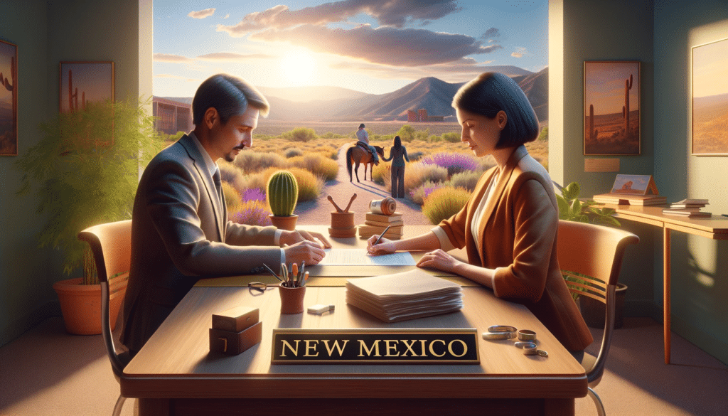 Photorealistic depiction of an uncontested divorce in New Mexico, showing two people peacefully signing papers in a setting enhanced by New Mexico's distinct landscape and architectural elements. 