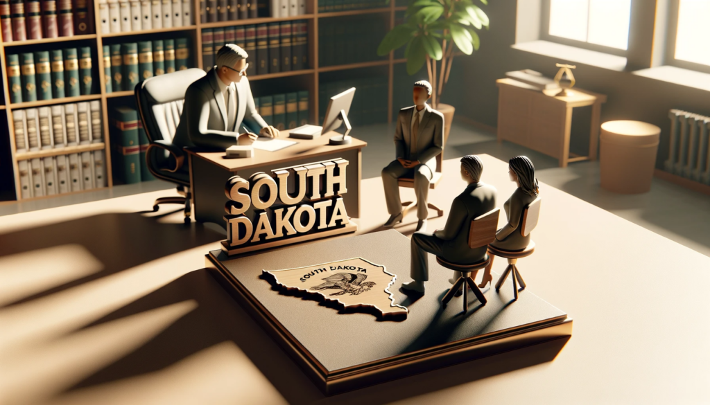 Photorealistic image of a divorce mediation session in South Dakota, showing a mediator and a couple around a table with legal documents, set against a background subtly hinting at South Dakota's landscape.