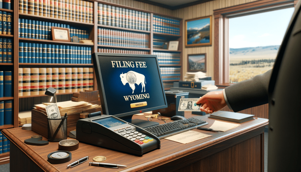 A photorealistic image of a court clerk's office in Wyoming, focusing on the process of paying a filing fee. The office is filled with file folders, a computer, a payment machine, and hands exchanging money, with a small Wyoming flag and a view of the Wyoming landscape visible in the background.