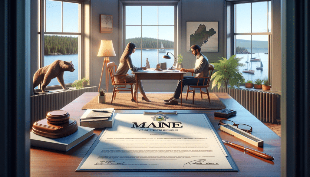 A photorealistic image depicting a couple amicably signing divorce papers in a peaceful setting, symbolizing an uncontested divorce in Maine. The room, possibly a lawyer's office, is calm and cooperative, adorned with subtle Maine-themed decorations and a scenic view from a window.