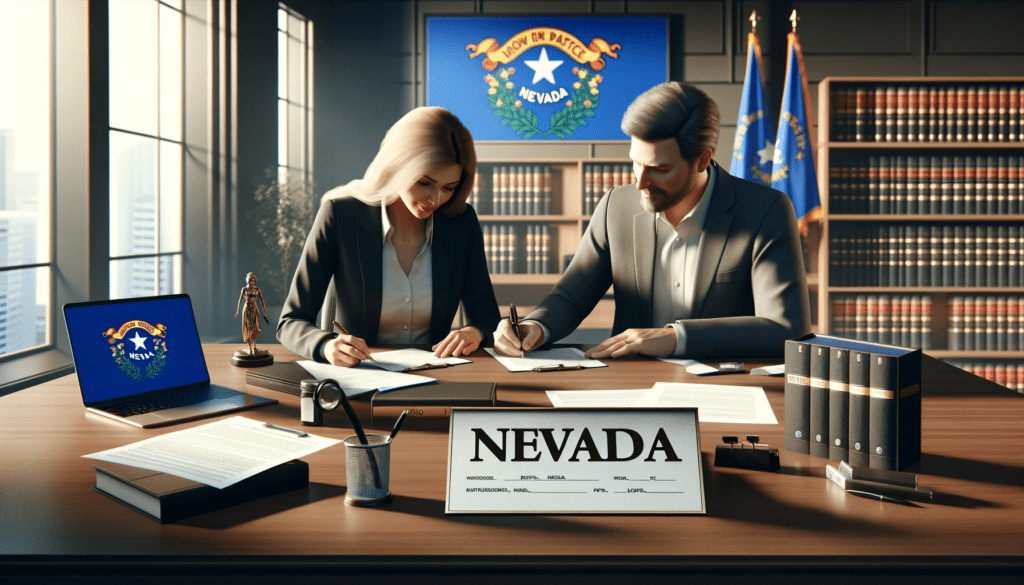 A realistic image depicting a peaceful scene of an uncontested divorce in a Nevada lawyer's office. A couple is seen signing papers amicably. The setting is modern and professional, with legal documents and a Nevada state flag in the background.