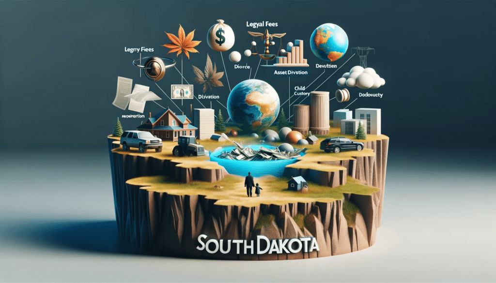 Photorealistic image symbolizing the factors affecting divorce costs in South Dakota, including legal fees, asset division, and child custody issues, against a backdrop of South Dakota's landscape, with 'South Dakota' subtly included in the scene.