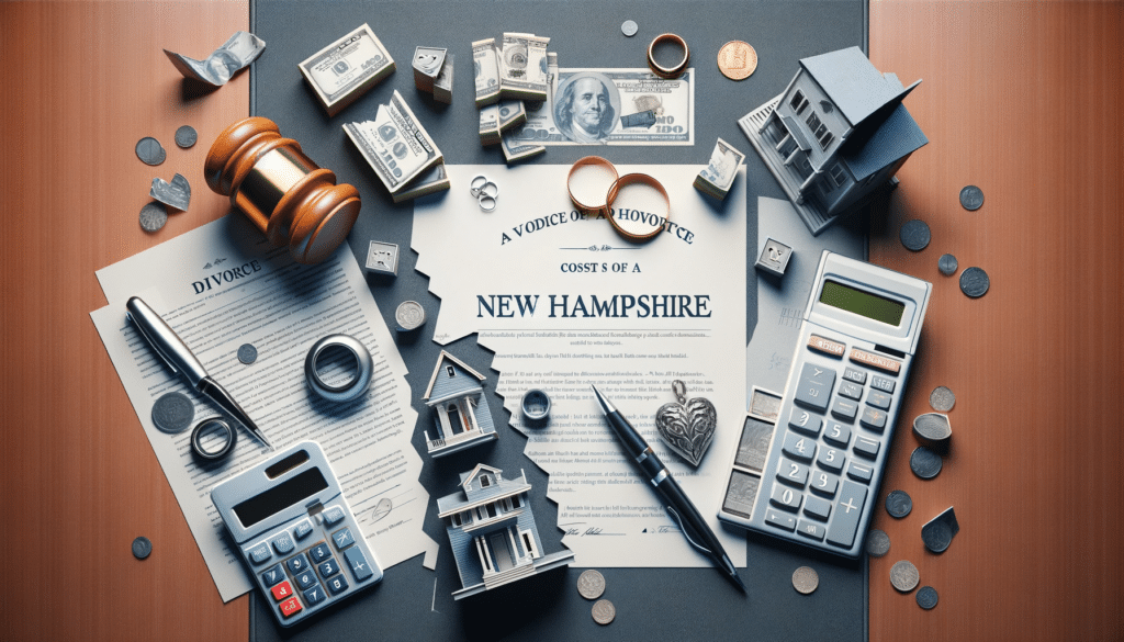 A photorealistic portrayal of the complexities and how much a divorce cost in New Hampshire, featuring legal documents, a gavel, a calculator, split wedding rings, and two separate houses, encapsulating the multifaceted nature of divorce expenses.