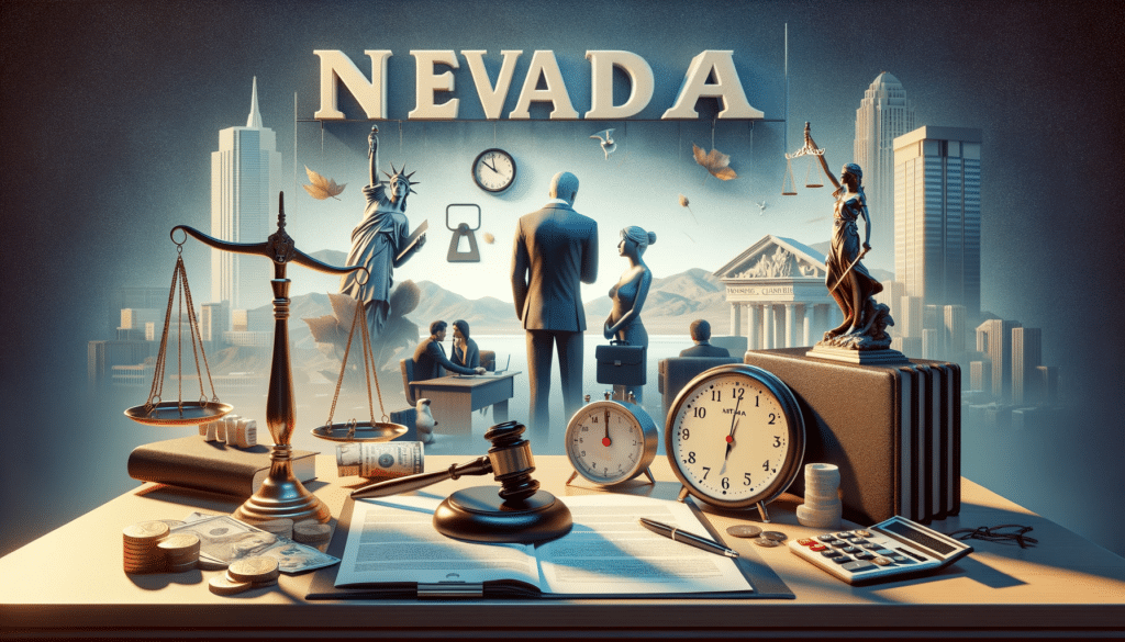 A detailed image portraying various elements that impact divorce expenses in Nevada. It includes a lawyer's office with a clock, a scale symbolizing asset division, a calculator for financial estimates, and a couple in mediation. The Nevada landscape in the background subtly anchors the scene in its specific location. 