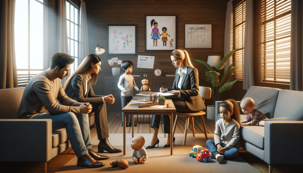 The scene depicts divorce with children in mississippi set in a family lawyer's office, where a lawyer is discussing custody arrangements with a couple. Two children, are playing quietly in the corner with toys. 