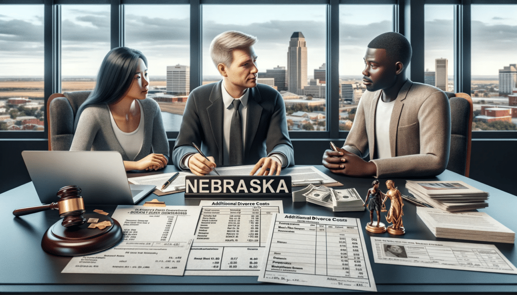 A photorealistic image showing additional divorce costs in Nebraska. The scene is set in a lawyer's office, where a lawyer is discussing finances with a couple. The desk is covered with documents like child support schedules, invoices for mediation services, and property appraisal reports.