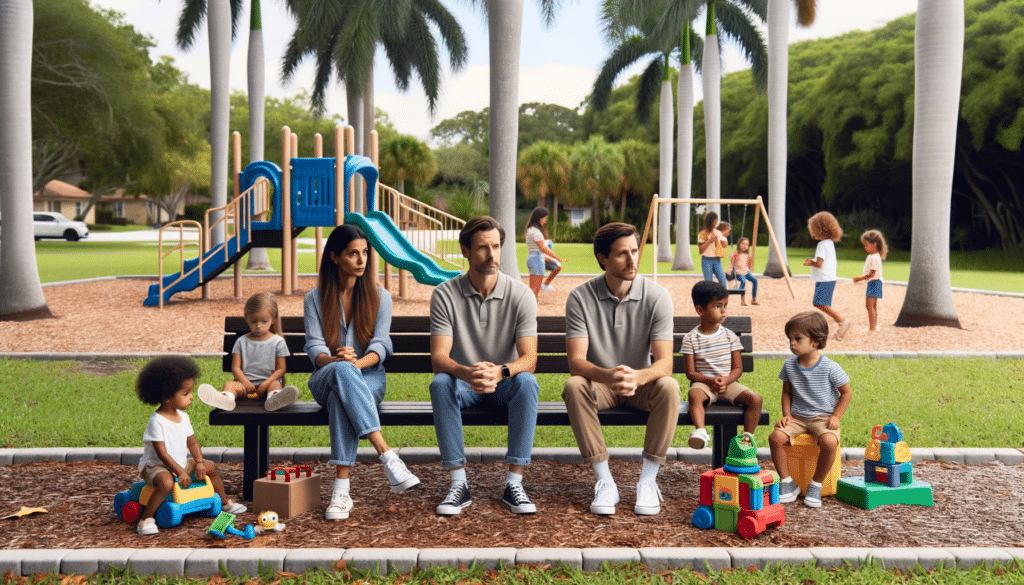 Photo of a diverse group of children playing in a park in Florida, with two benches in the foreground where two adults of different genders are sitting separately, watching over them. 