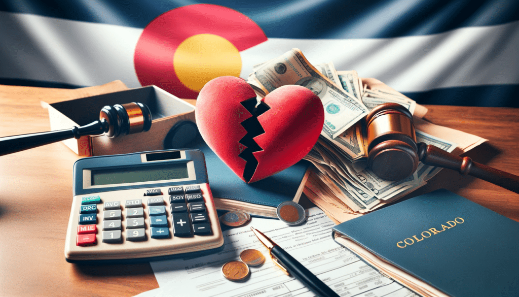 image of a divorce attorney's desk with a broken heart, gavel, money, calculator and other items with a Colorado flag in the background