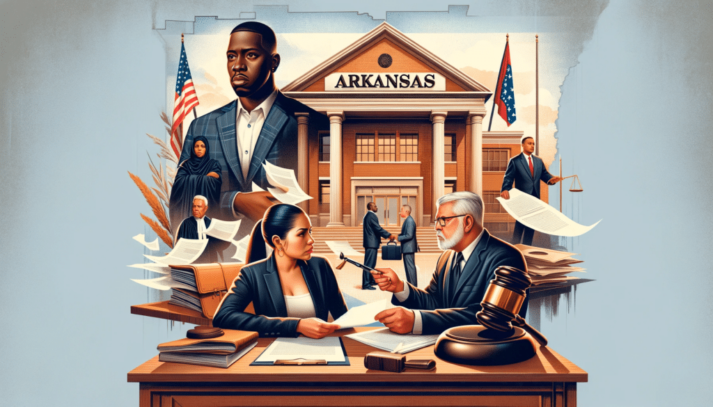  image of a courthouse in Arkansas, with visual elements symbolizing a contested divorce. 