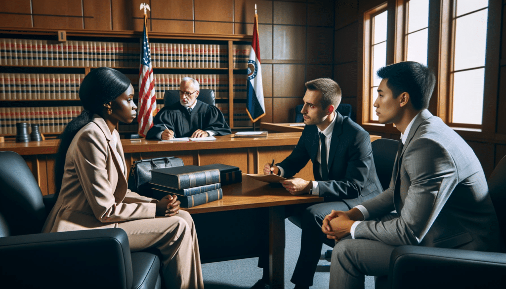 Photo of a tense negotiation during a contested divorce in a Missouri courtroom.