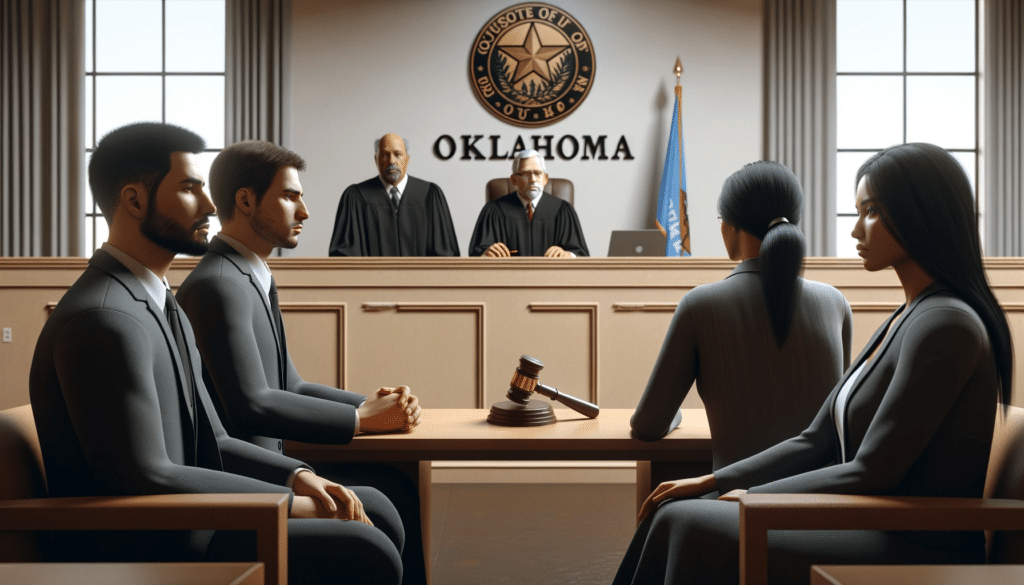 Photorealistic image of a contested divorce court scene in Oklahoma.