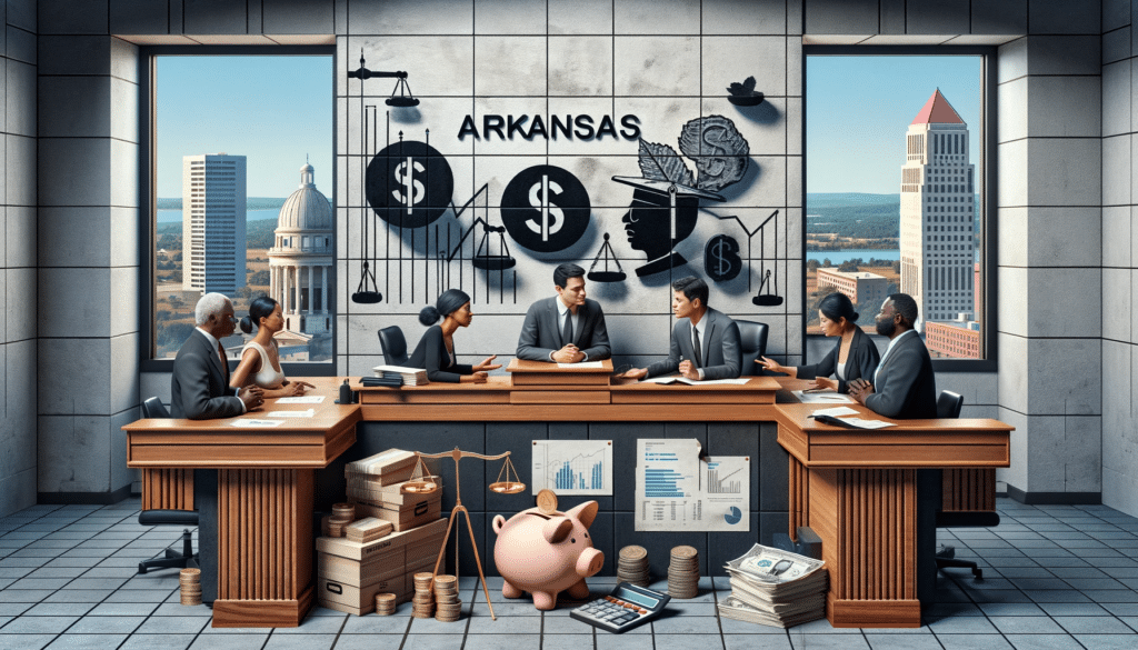cost of divorce in arkansas. image of a courthouse in Arkansas with visual metaphors representing the costs of a divorce.