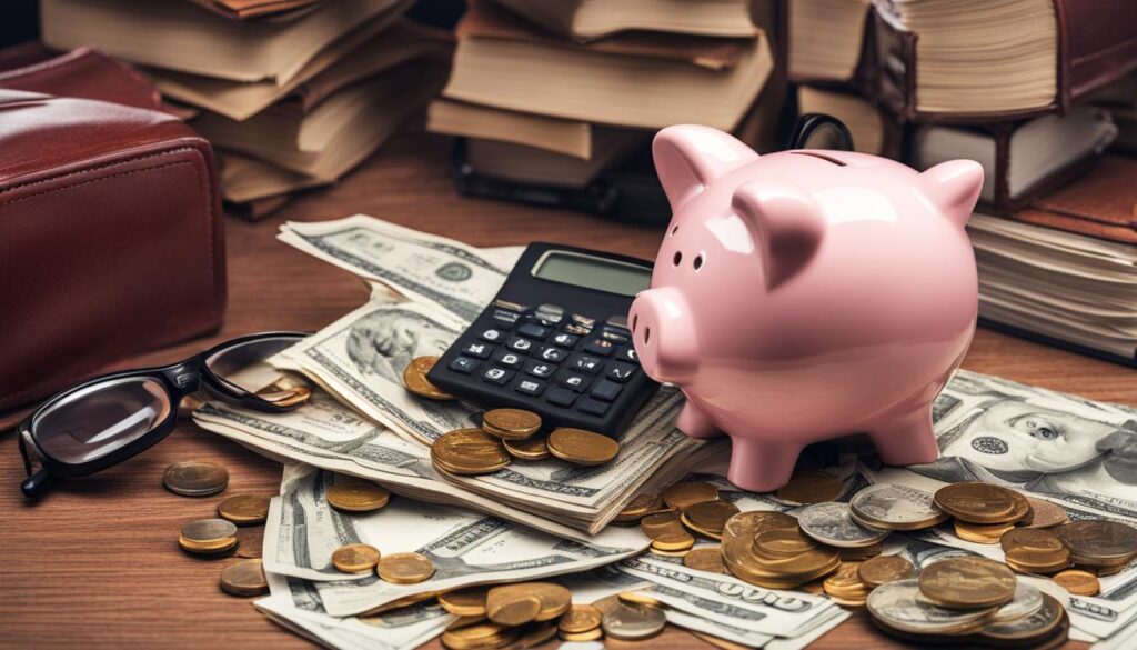 a photo depicting divorce expenses in mississippi with a piggy bank, calculator, glasses, money and coins.