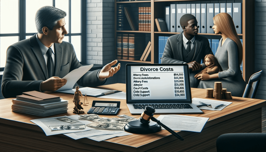 A photorealistic image depicting the concept of divorce costs. The scene is set in a lawyer's office, where a lawyer is discussing financial aspects with a couple. The desk is cluttered with various documents including bills, financial statements, and a laptop displaying a list of divorce-related expenses like attorney fees, court costs, and child support. 