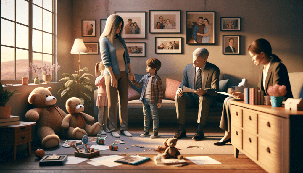A photorealistic image capturing a family in a mediator's office during a divorce in Nevada, with parents and children expressing various emotions. The environment is warm and empathetic, featuring family photos, toys, and comforting decor, highlighting the family-centered nature of the scene. The mediator in the room provides a sense of support and understanding, reflecting the complexity and sensitivity of the situation.