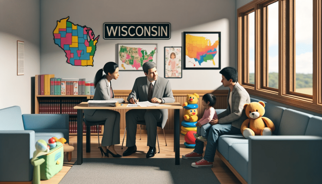 image of a family law consultation room in Wisconsin, where a couple is discussing divorce matters concerning young children.