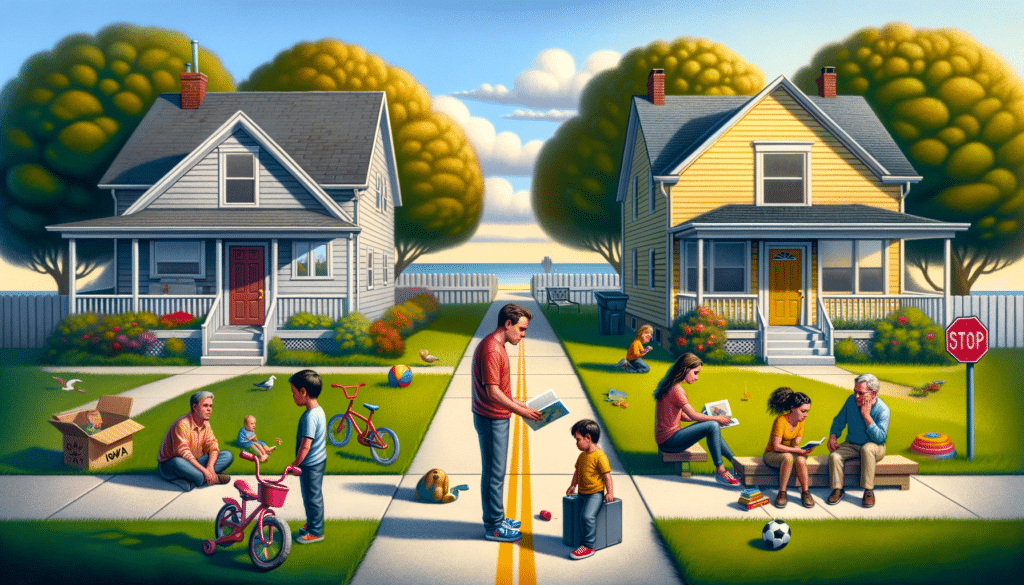 A scene depicting the concept of divorce with children in Iowa, showing two distinct houses symbolizing split custody, with a clear sky. 