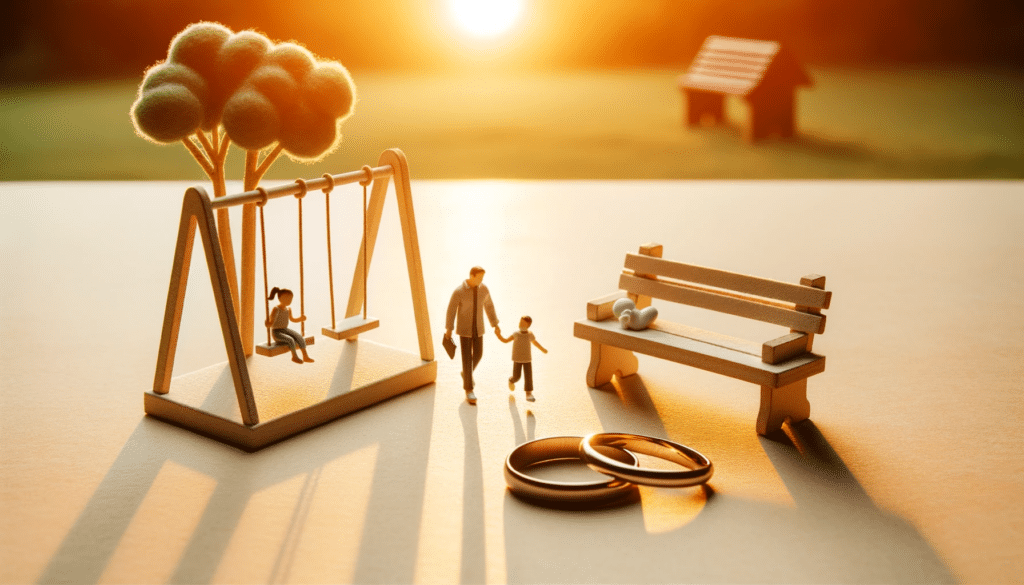 The first picture depicts a park during sunset where a single parent enjoys quality time with their two children on a swing set. An empty bench nearby has subtle symbols relating to the concept of divorce with children.