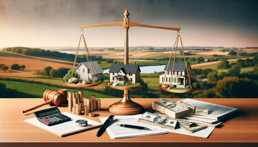  image illustrating various factors that affect the cost of divorce in Iowa with a balance scale in the center, with one side holding a family home and the other side holding a mixture of items such as a gavel, a calculator, and legal papers. 