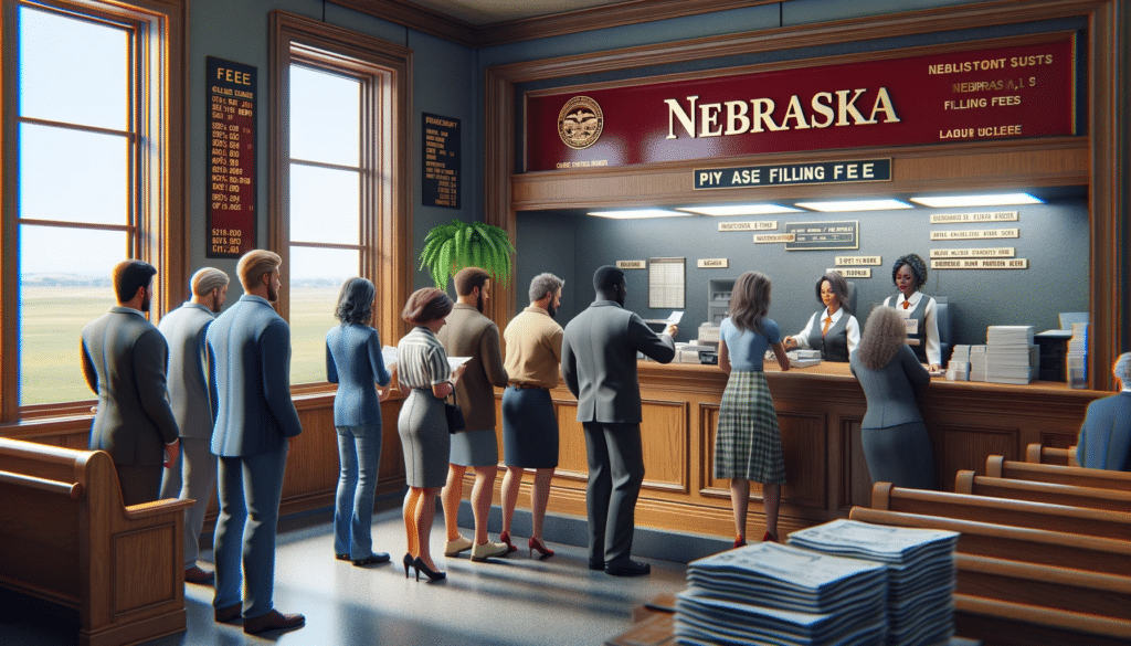 A photorealistic image inside a courthouse in Nebraska, focusing on the concept of a filing fee. The scene includes a line of diverse individuals at the clerk's office, waiting to pay their filing fees. 