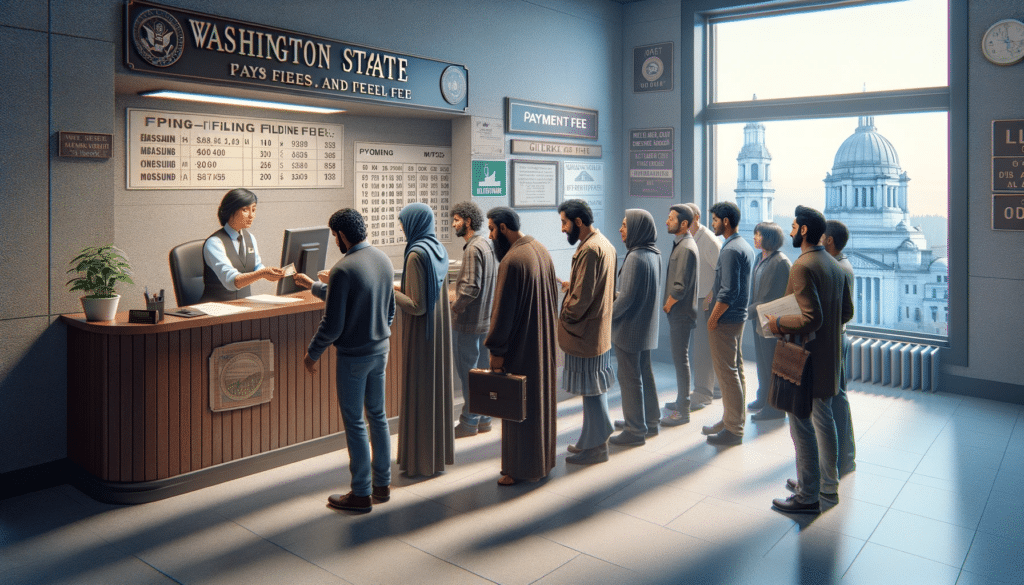 image inside a courthouse in Washington State, focusing on the concept of a filing fee. The scene includes a diverse group of individuals queuing at the clerk's office to pay their fees