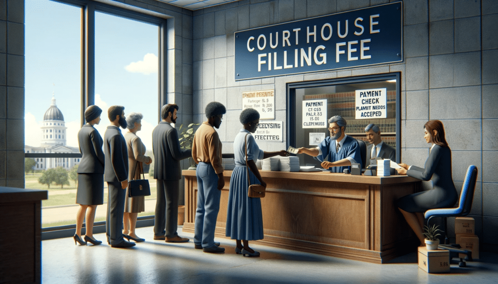 filing fee in a courthouse in kansas.  image of a courthouse in Kansas, focusing on the concept of a filing fee. 