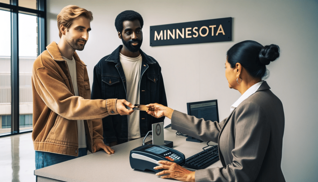 Photo of a man handing over a payment card to a clerk at a Minnesota courthouse fee counter. 