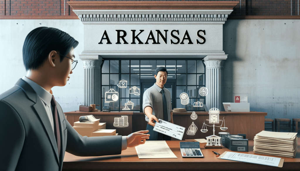 image of a courthouse in Arkansas with elements representing filing fees.