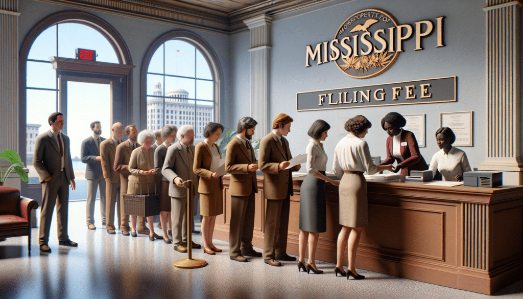 A photorealistic image inside a courthouse in Mississippi, focusing on the concept of a filing fee. The scene includes a diverse group of people queuing at the clerk's office. 
