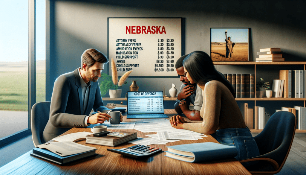 an image of how much does a divorce cost in Nebraska he scene is in a financial advisor's office, where a financial advisor is discussing with a couple. They are looking at a detailed financial breakdown on a laptop screen, showing costs like attorney fees, mediation expenses, and child support