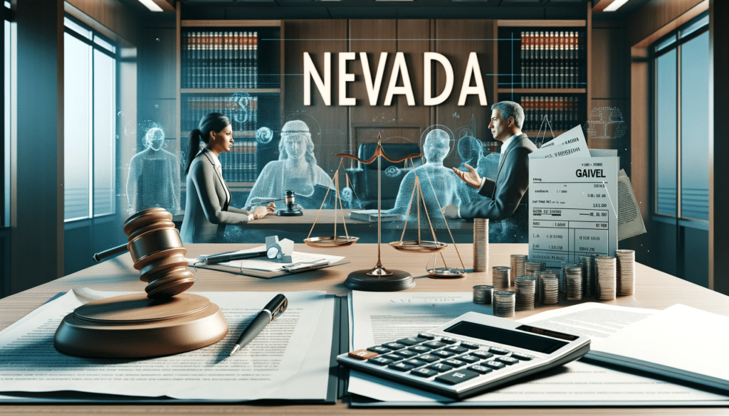image representing various aspects of how much a divorce costs in Nevada. It includes elements like a calculator with figures, legal documents, a gavel, a courthouse, and a couple discussing with a lawyer.