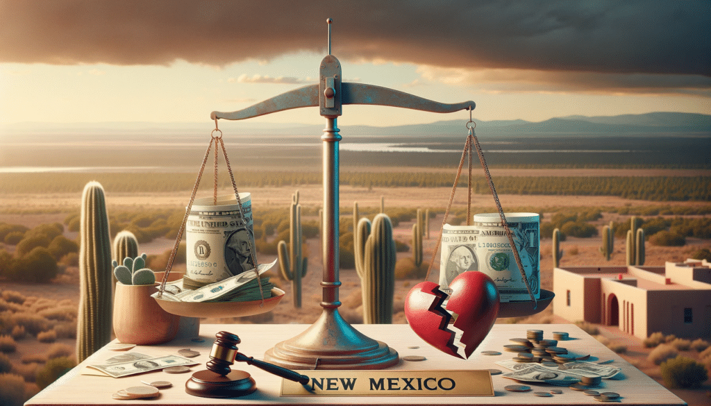 A photorealistic image showing a balance scale with money on one side and a broken heart on the other, against a backdrop featuring New Mexico's desert landscape and characteristic architecture to symbolize how much divorce costs in New Mexico.