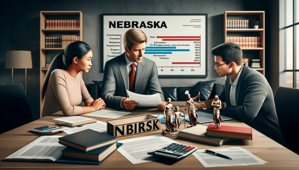A photorealistic image depicting factors affecting divorce costs in Nebraska. The setting is a lawyer's office, where a lawyer is discussing with a couple.