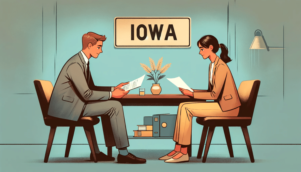 A harmonious scene depicting an uncontested divorce process in Iowa, without any conflict. 
