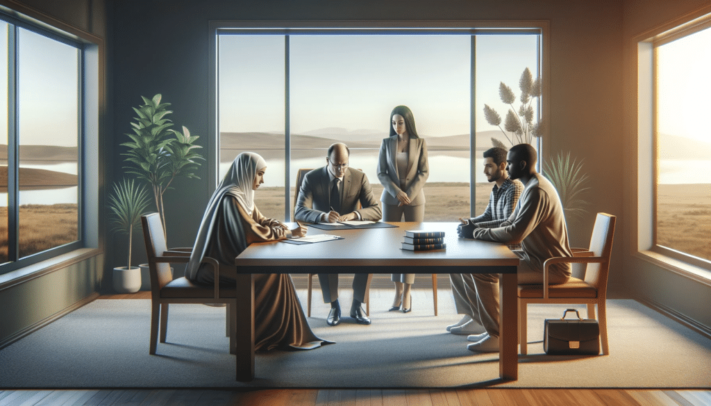 Image depicting an uncontested divorce scene. The setting is a calm and professional mediation room, with neutral colors and a large window showing a serene outdoor view. 